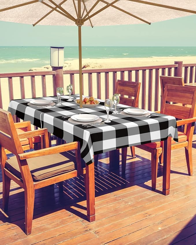 Black and White Checkered Outdoor Tablecloth - 60x120 Inch Rectangle Dining Table Cover, Farmhouse Buffalo Plaid Waterproof Outdoor Table Cloth with Umbrella Hole & Zipper for Picnic/Patio/Party