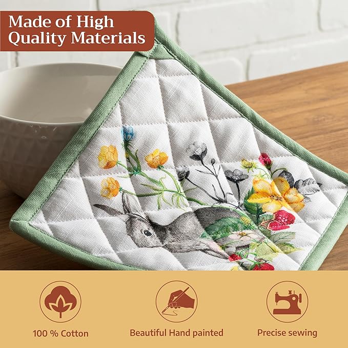 Maison d' Hermine Pot Holders 100% Cotton Heat Resistant Potholders 8" x 8" Hot Pads with Loop BBQ Cooking Baking Hotel Farmhouse Kitchen Handling Hot Pans Spring Summer (Pack of 2, Printemps)