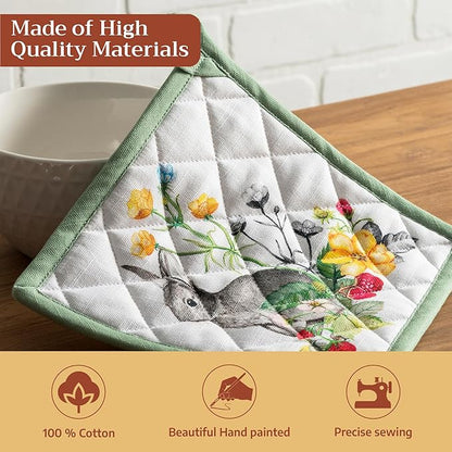Maison d' Hermine Pot Holders 100% Cotton Heat Resistant Potholders 8" x 8" Hot Pads with Loop BBQ Cooking Baking Hotel Farmhouse Kitchen Handling Hot Pans Spring Summer (Pack of 2, Printemps)