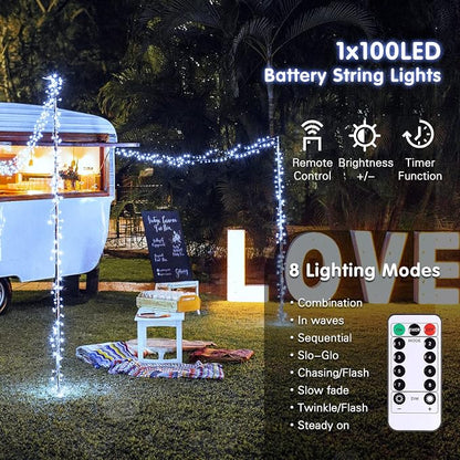 JMEXSUSS 33ft 100 LED White String Lights Battery Operated with Remote | Battery Christmas Lights, 8 Modes Outdoor Indoor Fairy String Lights for Bedroom Wedding Tree Yard Porch XMAS