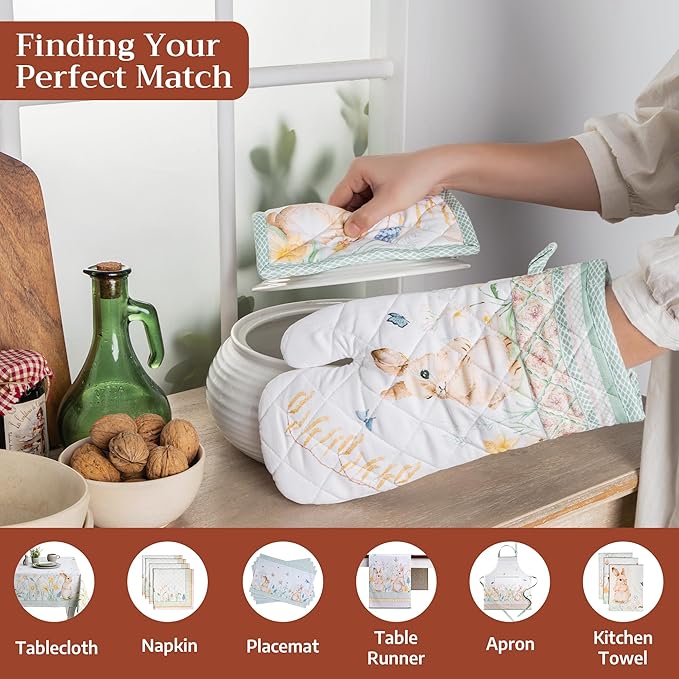 Maison d' Hermine 100% Cotton Oven Mitt & Pot Holder Set (7.5"x13" & 8"x8") Heat Resistant BBQ Cooking Gloves with Loop Baking Grilling Kitchen Hotel Home Farmhouse Spring Summer (Easter Dew)
