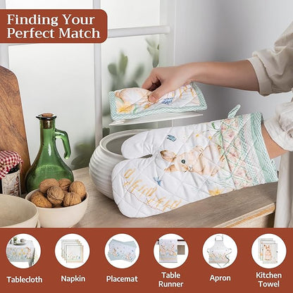 Maison d' Hermine 100% Cotton Oven Mitt & Pot Holder Set (7.5"x13" & 8"x8") Heat Resistant BBQ Cooking Gloves with Loop Baking Grilling Kitchen Hotel Home Farmhouse Spring Summer (Easter Dew)