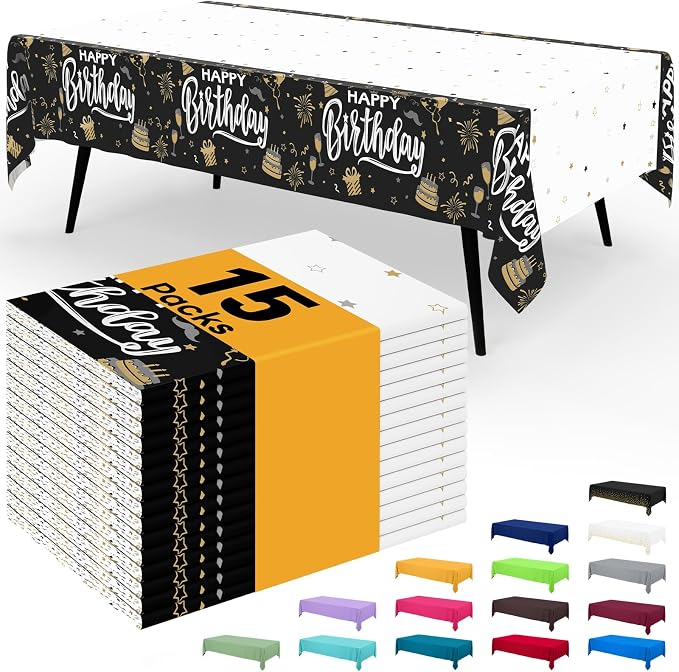 Smiry Disposable Table Cloth - 15 Pack, 54 x 108 Inch Waterproof Rectangle Tablecloths for Parties, Decorative Plastic Table Cover, Leakproof & Sturdy, Black & White