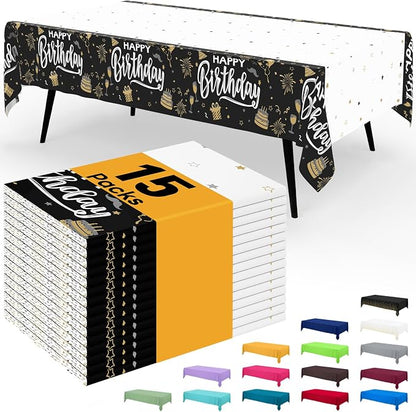 Smiry Disposable Table Cloth - 15 Pack, 54 x 108 Inch Waterproof Rectangle Tablecloths for Parties, Decorative Plastic Table Cover, Leakproof & Sturdy, Black & White