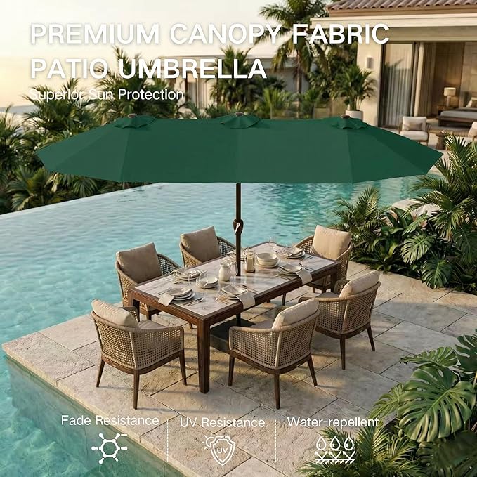 Kingdura 13ft Large Patio Umbrella with Base Included, Double-Sided Rectangle Outdoor Table Umbrella with 12 Reinforced Ribs, Crank Lift for Market Pool Deck Backyard, Dark green