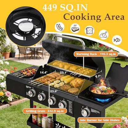 4-Burners Propane Gas BBQ Grill with Top Cover Lid&Side Burner, 50,000BTU Outdoor Gas Grill with Stainless Steel Grates, Storage Racks & Hooks for Patio Yard (Black without Door)