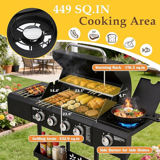 4-Burners Propane Gas BBQ Grill with Top Cover Lid&Side Burner, 50,000BTU Outdoor Gas Grill with Stainless Steel Grates, Storage Racks & Hooks for Patio Yard (Black without Door)