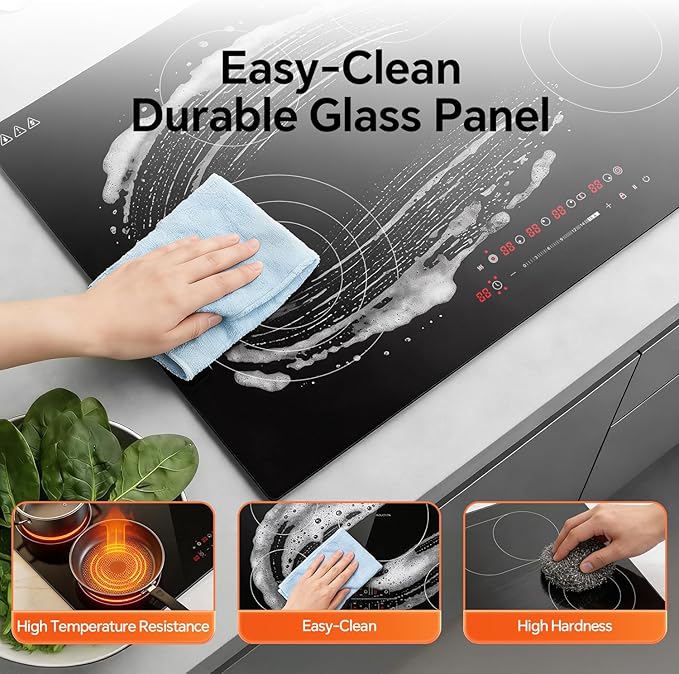 Ranein 30 Inch 4 Burner Electric Cooktop, Max 7900W 240V Ceramic Panel Built-in Electric Stove Top, with Child Safety Lock, Timer, Over-Temperature Protection