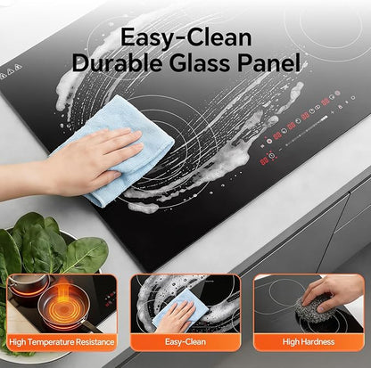 Ranein 30 Inch 4 Burner Electric Cooktop, Max 7900W 240V Ceramic Panel Built-in Electric Stove Top, with Child Safety Lock, Timer, Over-Temperature Protection