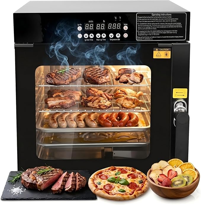 CLIVIA 3-in-1 Countertop Electric Smoker & Oven, 500°F High-Heat Roaster & Dehydrator, Stainless Steel with Viewing Window, 2-Tier Adjustable Racks, Side-Loading Wood Chip Box for Jerky, Baking & BBQ