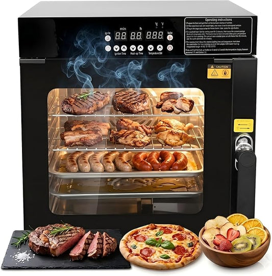 CLIVIA 3-in-1 Countertop Electric Smoker & Oven, 500°F High-Heat Roaster & Dehydrator, Stainless Steel with Viewing Window, 2-Tier Adjustable Racks, Side-Loading Wood Chip Box for Jerky, Baking & BBQ