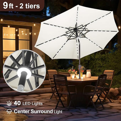 FLAME&SHADE Solar Patio Umbrella with Centre Light, 9FT 2 Tiers, Ivory | 40 LED Lights, UV Protection, Solar Outdoor Umbrella for Porch, Deck, Backyard, Garden, Provides Evening Lighting