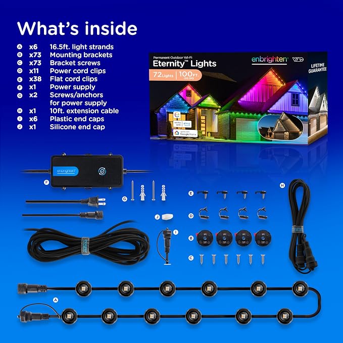Enbrighten Eternity Permanent Outdoor Lights, 100ft, 72 Lights, Smart | Black Cord, RGBWIC LEDs, Weatherproof, Cuttable, Link to 200ft, Christmas, App Control, Works with Alexa & Google Home
