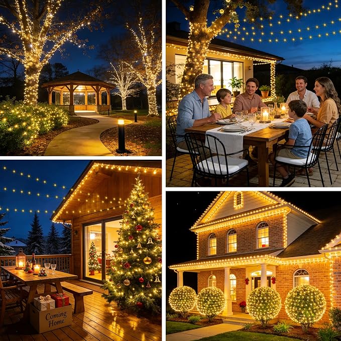 4 Pack Solar Fairy Lights Outdoor 131ft for Garden with 8 Modes(Warm White) | 400 LED Solar String Lights Outdoor Waterproof, Green Wire Twinkle Lights for Outside Christmas Party Decorations