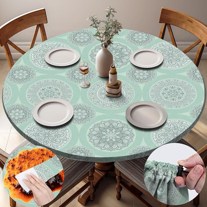 opstellen Fitted Round Tablecloth Weather Proof Table Cloth Heavy Duty Polyester Indoor Outdoor Circle Cover for 36-44" Tables Outside Parties Gear Gifts Spring Summer Fall Picnic Garden Necessities