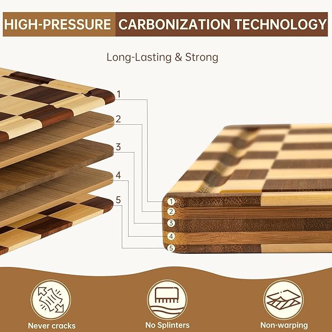 Bamboo Cutting Boards for Kitchen, Checkered Thick End Grain Wood Chopping Board with Juice Groove, Butcher Block for Meat, Bread & Fruit, Medium, 14"L x 10"W x 0.8"Th