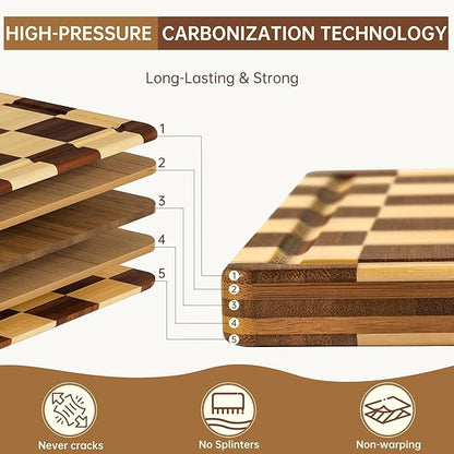 Bamboo Cutting Boards for Kitchen, Checkered Thick End Grain Wood Chopping Board with Juice Groove, Butcher Block for Meat, Bread & Fruit, Medium, 14"L x 10"W x 0.8"Th