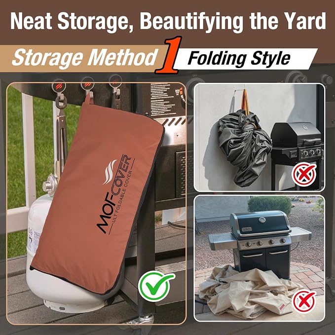 Exclusive Foldable 48 inch Grill Cover, 600D Heavy Duty Waterproof Outdoor BBQ Cover for 2-3 Burners Grill Weber Nexgrill CharBroil, Caramel