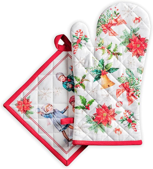 Maison d' Hermine 100% Cotton Oven Mitt & Pot Holder Set (7.5"x13" & 8"x8") Heat Resistant BBQ Cooking Gloves with Loop for Thanksgiving Christmas Decorations Handling Hot Pans (Chromo)