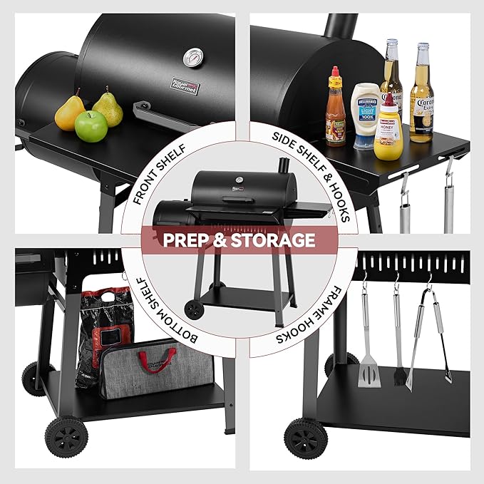Barrel Charcoal Grill with Offset Smoker, 824 Sq. In. Cooking Area,Frame Tool Hooks, Bottom Shelf, Blow-Molded Wheels, Outdoor Charcoal Grill for Backyard Cooking, Black, CC1831S-SC