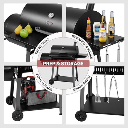 Barrel Charcoal Grill with Offset Smoker, 824 Sq. In. Cooking Area,Frame Tool Hooks, Bottom Shelf, Blow-Molded Wheels, Outdoor Charcoal Grill for Backyard Cooking, Black, CC1831S-SC