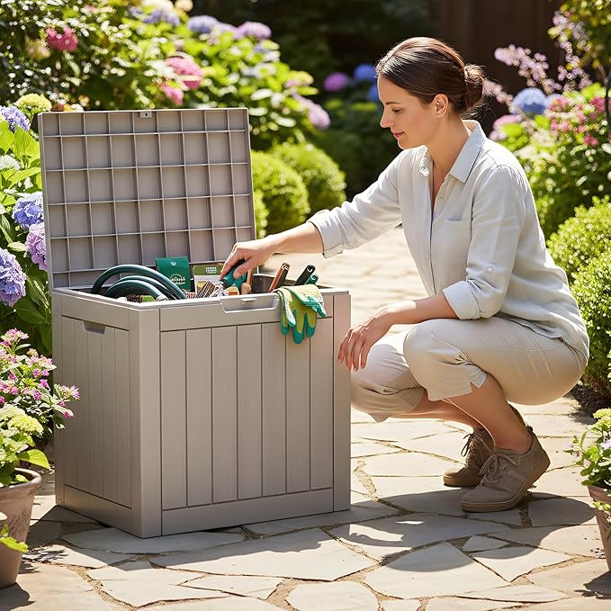 25 Gallon Outdoor Deck Box - Lockable Waterproof Storage Container, Resin Weatherproof Box for Patio Garden Furniture Pool Tools Cushions, Grey