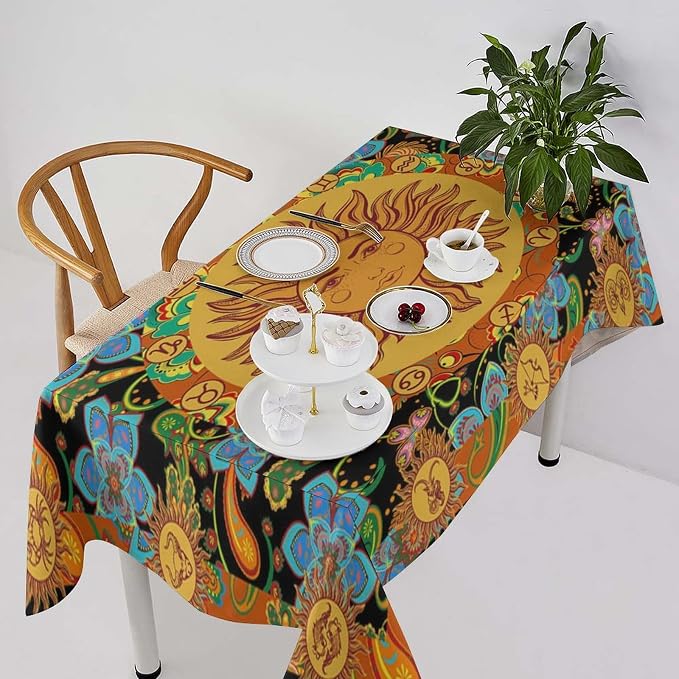 Vintage Boho Sun Tablecloth Wildflower Floral Bohemian Hippie Sun Table Cloth Water Resistant Wipeable Table Cover for Farmhouse Picnic Party Holiday Kitchen Dinner Table 55"x75"