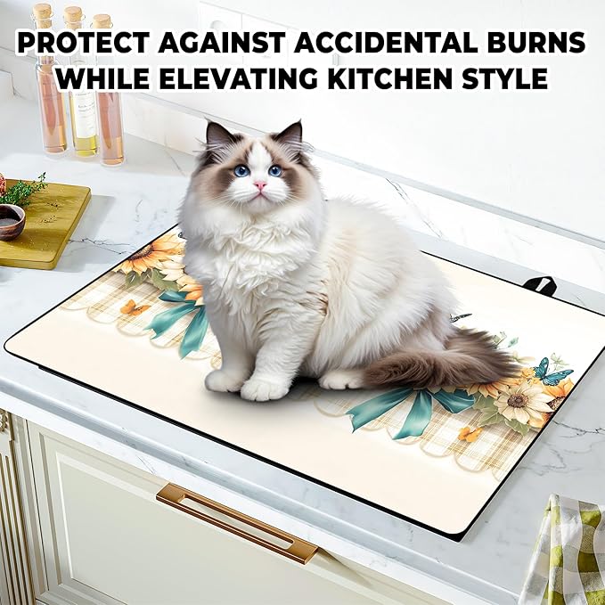Stove Top Cover Retro Flower Gas Stove Top Cover for Home Decoration Kitchen Pad Non-Stick Washable Cooktop Covers Countertop Protector Keep Stove Clean 28"x20" (Sunflower)