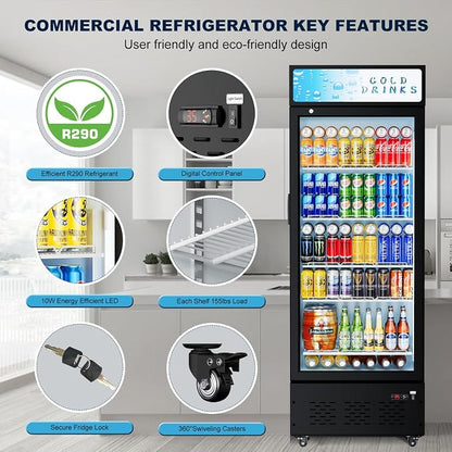 25.7'' W Commercial Refrigerators with Glass Door, 15 Cu.ft. Beverage Refrigerators Commercial Fridge Upright Display Cooler with Soft LED Light and Adjustable Shelves for Restaurant Stores