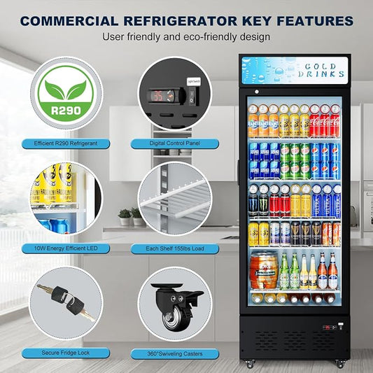 25.7'' W Commercial Refrigerators with Glass Door, 15 Cu.ft. Beverage Refrigerators Commercial Fridge Upright Display Cooler with Soft LED Light and Adjustable Shelves for Restaurant Stores