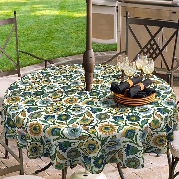 Outdoor/Indoor Round Tablecloth with Umbrella Hole Zipper, Decorative Circular Table Cover for Home Garden, 60 Inch, Fiesta Floral