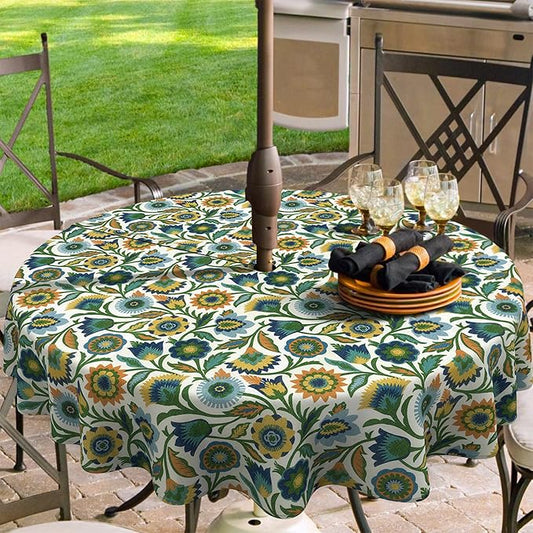 Outdoor/Indoor Round Tablecloth with Umbrella Hole Zipper, Decorative Circular Table Cover for Home Garden, 60 Inch, Fiesta Floral
