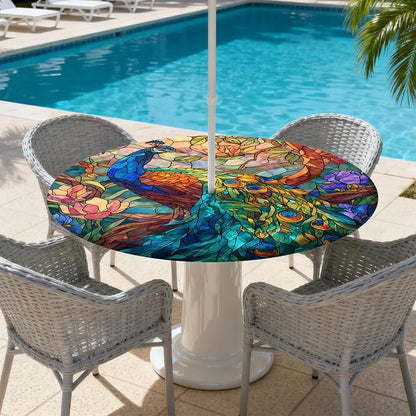 Outdoor Tablecloth with Umbrella Hole and Zipper Fits 49-52" Tables | Waterproof Round Fitted Tablecloth with Elastic Edge, Wipeable Outdoor Table Cover for Patio, Garden, Picnic