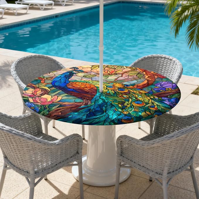 Outdoor Tablecloth with Umbrella Hole and Zipper Fits 32-36" Tables | Waterproof Round Fitted Tablecloth with Elastic Edge, Wipeable Outdoor Table Cover for Patio, Garden, Picnic