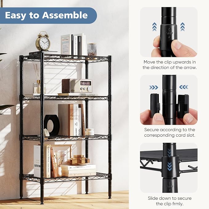 DUMOS 4-Tier Metal Wire Storage Shelves, Adjustable Standing Storage Rack Shelf, Heavy Duty Steel Shelving Unit Organizers for Kitchen Bathroom Pantry Garage, 23.2" Wx13.4 Dx47.1 H, Black