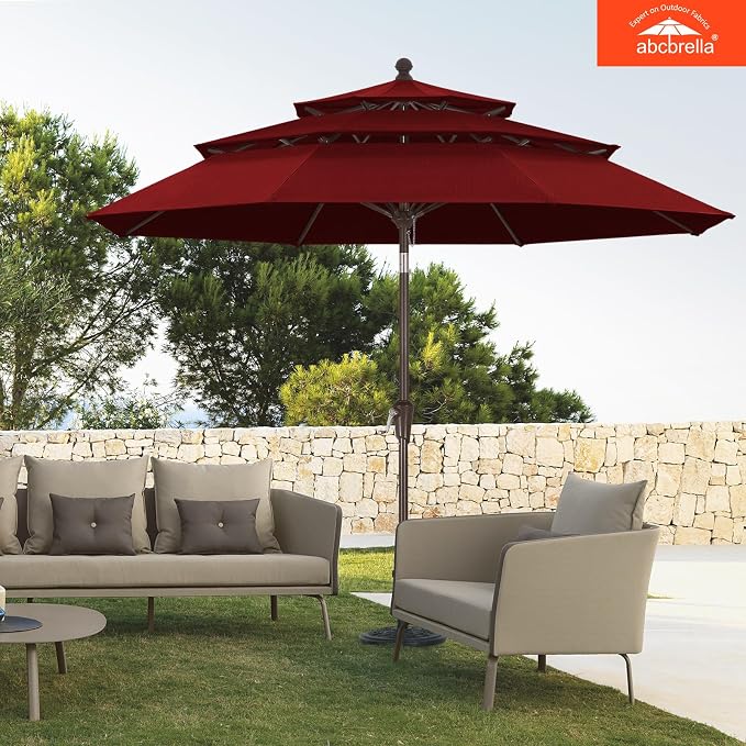 ABCCANOPY 9FT 3-Tier OLEFIN® Patio Umbrella, 5-Year No Fading, Burgundy | Heavy Duty Fade-Resistance Outdoor Table Umbrella, 8 Sturdy Ribs, Tilt, Crank for Deck, Backyard, Garden, Yard, Pool