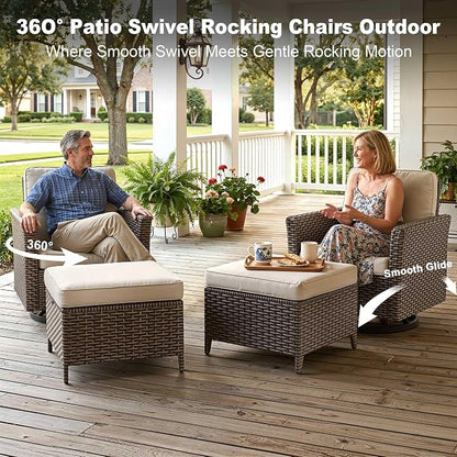 4 Pieces Patio Furniture Set, 2 High Back Swivel Chairs & 2 Ottomans, All-Weather PE Wicker Furniture with Waterproof Cushions for Deck, Garden, Porch