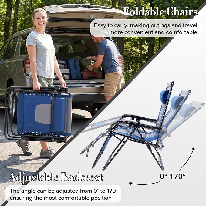 NEWBULIG Padded Zero Gravity Chair, Folding Lounge Chair Outdoor, Blue | Foldable Beach Camping Recliner Chair with Adjustable Pillow and Trays for Poolside Lawn Patio