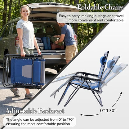 NEWBULIG Padded Zero Gravity Chair, Folding Lounge Chair Outdoor, Blue | Foldable Beach Camping Recliner Chair with Adjustable Pillow and Trays for Poolside Lawn Patio