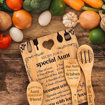 Gifts for Aunt - "Recipe for a Special Aunt" Aunt Birthday Gifts Cutting Board Set, Bamboo-Made Engraved Utensil Set, Aunty Birthday Gifts, Mothers Day Gifts for Aunt
