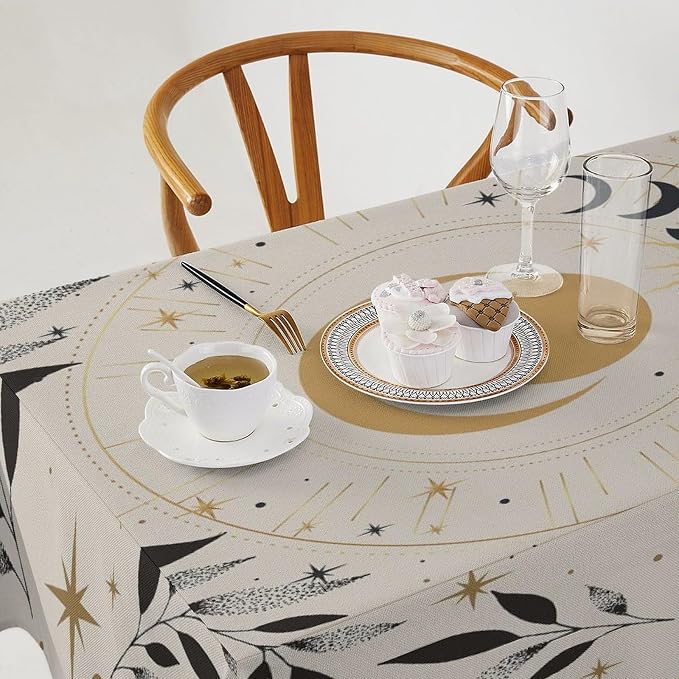 Vintage Boho Sun Moon Tablecloth Moon Phase Star Galaxy Space Wildflower Table Cloth Water Resistant Wipeable Table Cover for Farmhouse Picnic Party Holiday Kitchen Dinner Table 55"x75"