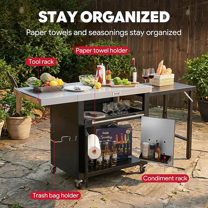 Feasto Outdoor Kitchen Island with Cabinet, Outdoor Grill Table with Stainless Steel Top for Pizza Oven& Griddles, Movable Bar Cart with Pull-Out Plate for Parties& Gathering, Heavy-Duty, L74”x W24”