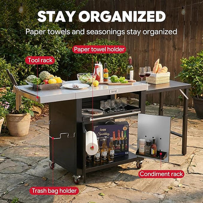 Feasto Outdoor Kitchen Island with Cabinet, Outdoor Grill Table with Stainless Steel Top for Pizza Oven& Griddles, Movable Bar Cart with Pull-Out Plate for Parties& Gathering, Heavy-Duty, L74”x W24”