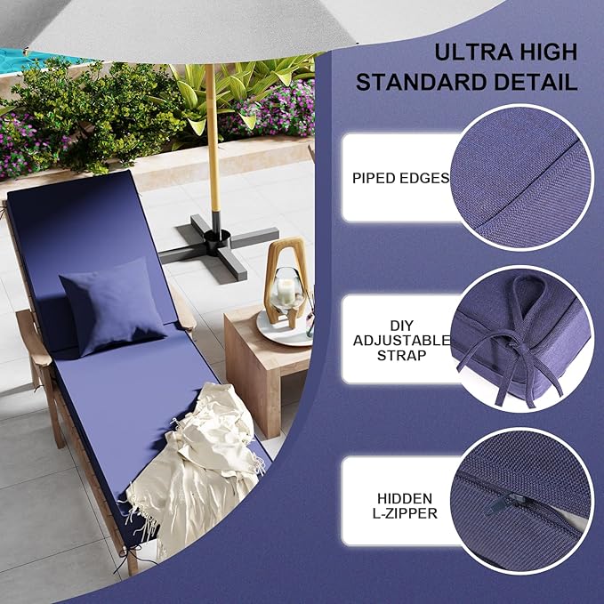 Outdoor Water-Resistant Olefin Chaise Lounge Cushions with Pillow, Weather and Fade Resistant Patio Furniture Lounge Chair Cushion Ideal for Patio, Lawn, Garden, Dark Blue, 72"L x 21"W x 5"T
