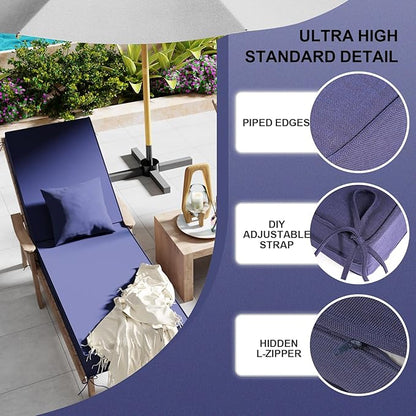 Outdoor Water-Resistant Olefin Chaise Lounge Cushions with Pillow, Weather and Fade Resistant Patio Furniture Lounge Chair Cushion Ideal for Patio, Lawn, Garden, Dark Blue, 72"L x 21"W x 5"T