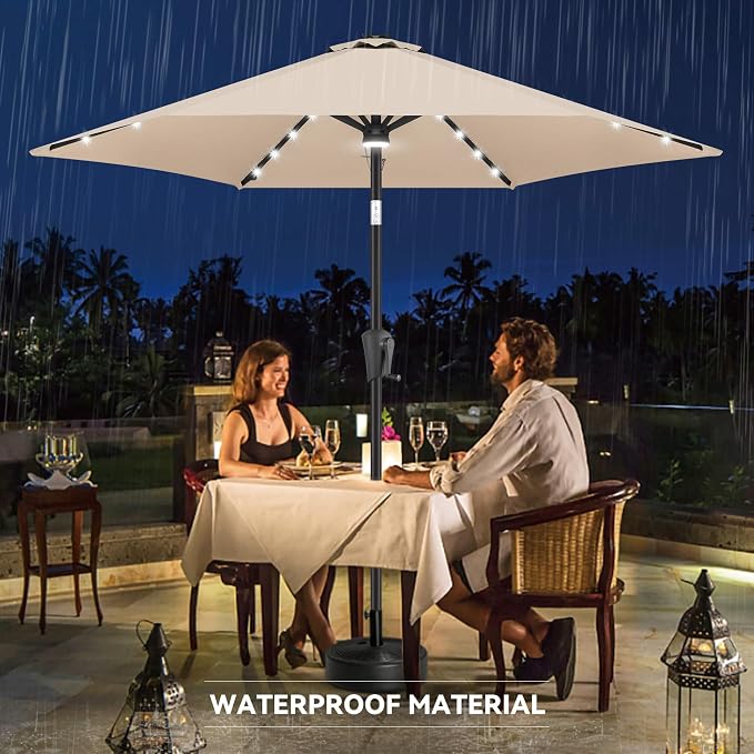 10 ft Solar Patio Umbrella Outdoor with Centre Light, Beige | 24 LED Lights, UV Protection, Solar Outdoor Umbrella for Porch, Deck, Pool, Table, Garden, Provides Evening Lighting