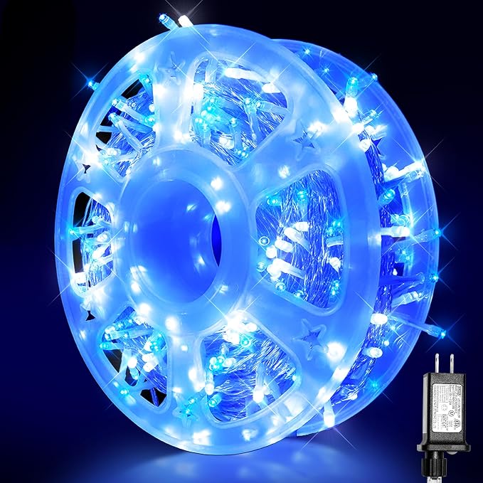 Blue White Christmas Fairy String Lights, 165FT 500L Indoor Outdoor | 8 Modes with Memory, IP65 Waterproof, Clear Wire, Tangle-Free Design for Bedroom Garden Wedding Wall Tree Party