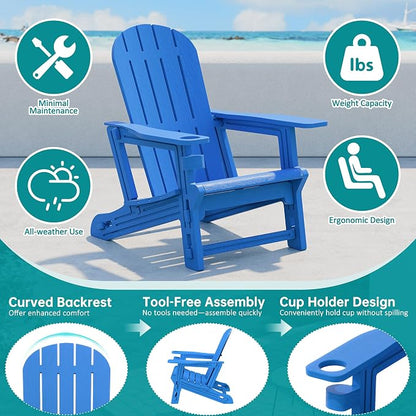 Shintenchi Adirondack Chairs Set of 2,HDPE Adirondack Chairs w/Removable Tablelop & Umbrella Hole,All-Weather Wooden Textured Plastic Outdoor Chairs w/Cup Holders for Garden Backyard Pool,Blue