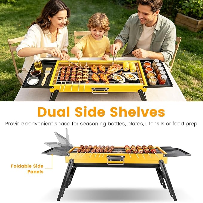 Portable Charcoal Grill Stainless Steel, Small Foldable BBQ Suitcase with Portable Side Shelves & Heat Resistant, Lightweight Tabletop Barbecue for Camping Picnic Backyard Beach Travel