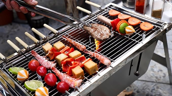 DesignNest Foldable Charcoal Grill - Full Body Stainless Steel Portable BBQ Stand Hibachi with Height Adjustable Grates, 2 Side Trays & Carry Bag 38' Cooking Area For Camping Tailgating & Patios